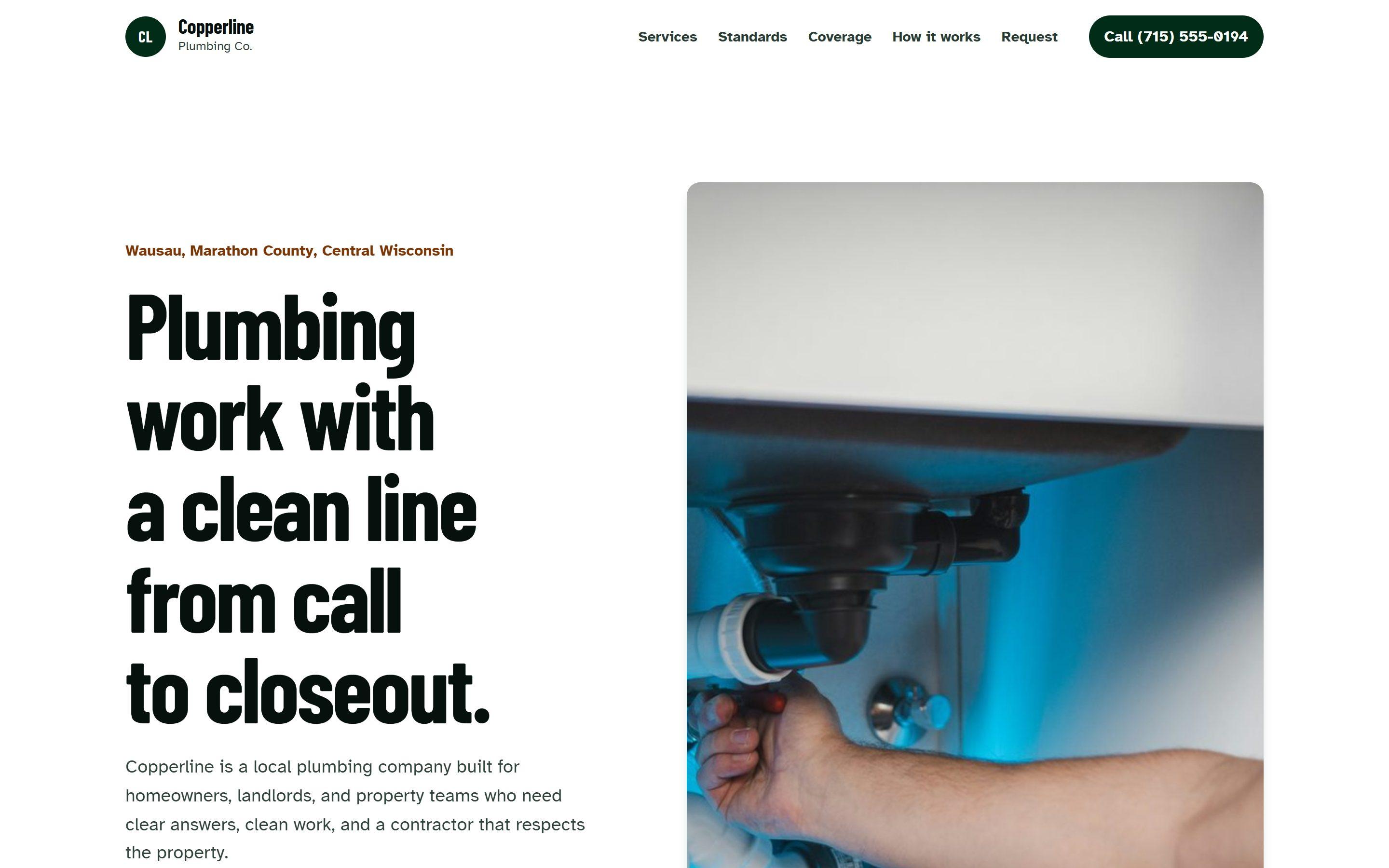 Screenshot of Copperline Plumbing Co., a service-business site sample build