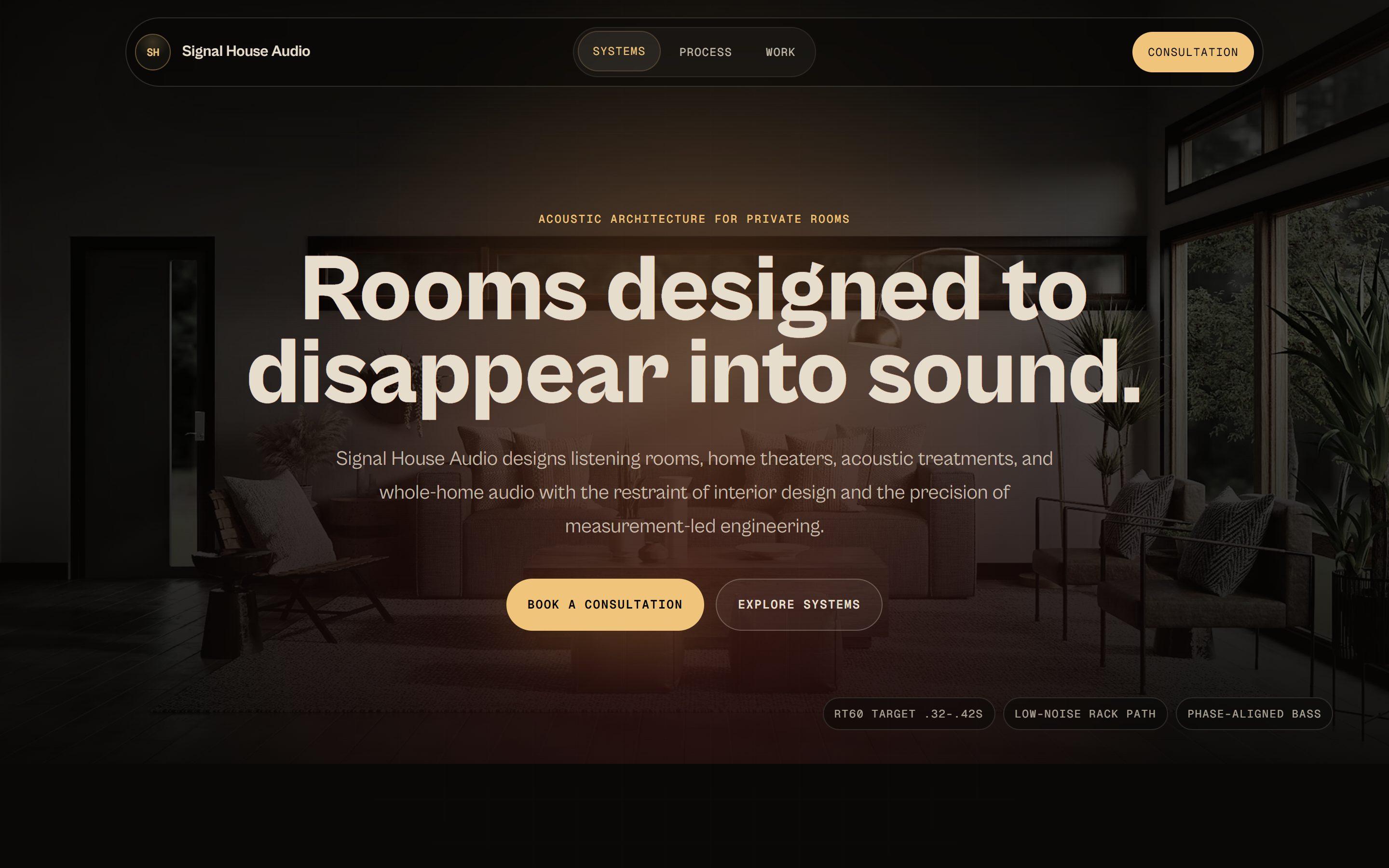 Screenshot of Signal House Audio, a brand site sample build